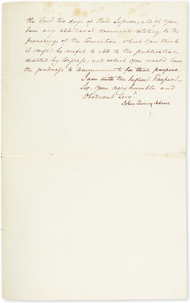 ADAMS, JOHN QUINCY. Letter Signed, as Secretary of State, to President James Madison, requesting documents to complete George Washingto